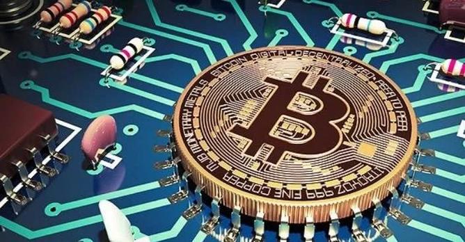 A high-tech Bitcoin mining rig working in a modern facility